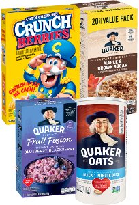 Save 25% off Quaker Instant Oatmeal, Cap'n Crunch Cereal and Life Cereal PICKUP OR DELIVERY ONLY